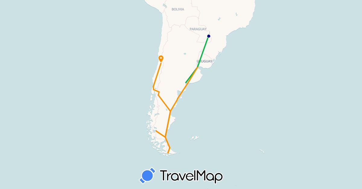 TravelMap itinerary: driving, bus, train, hitchhiking in Argentina, Chile (South America)